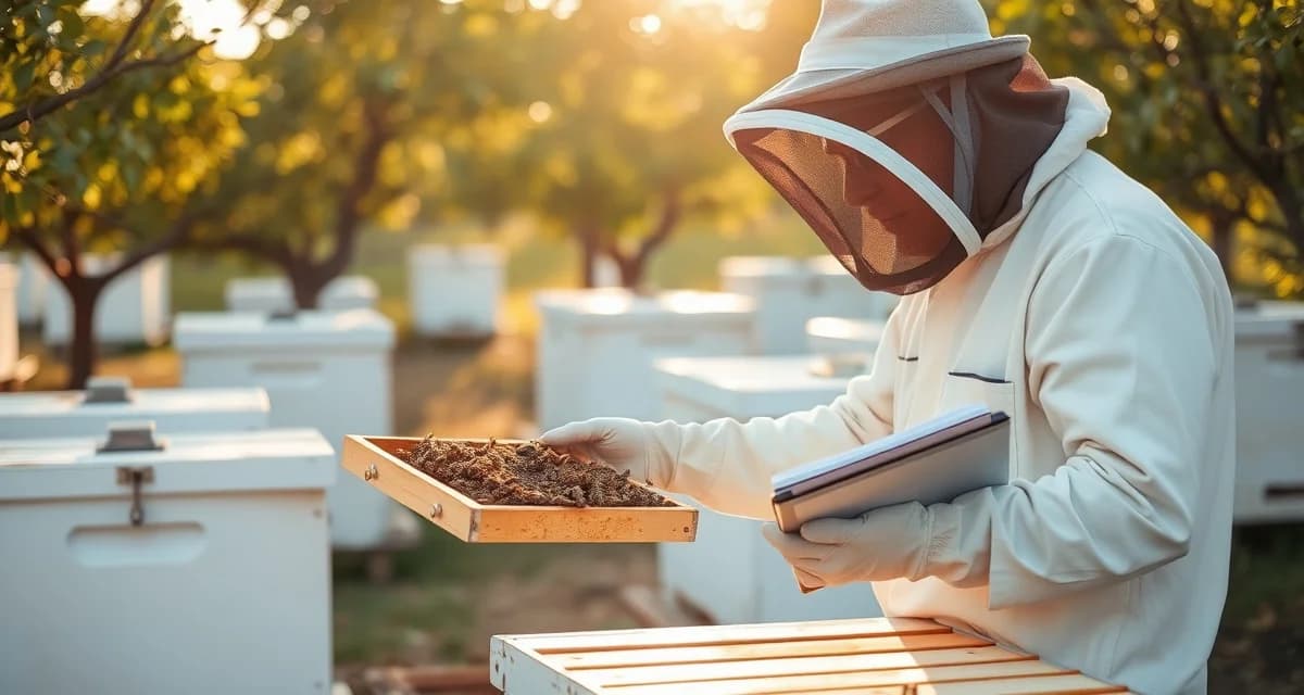 Commercial beekeeper inspecting beehive frame during pollination service contract management and colony assessment