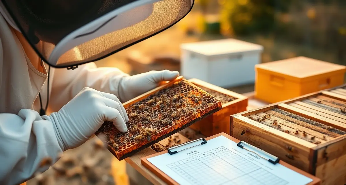 Beekeeper tracking pre-harvest intervals on clipboard while inspecting hive frames for varroa mite treatments before honey harvest