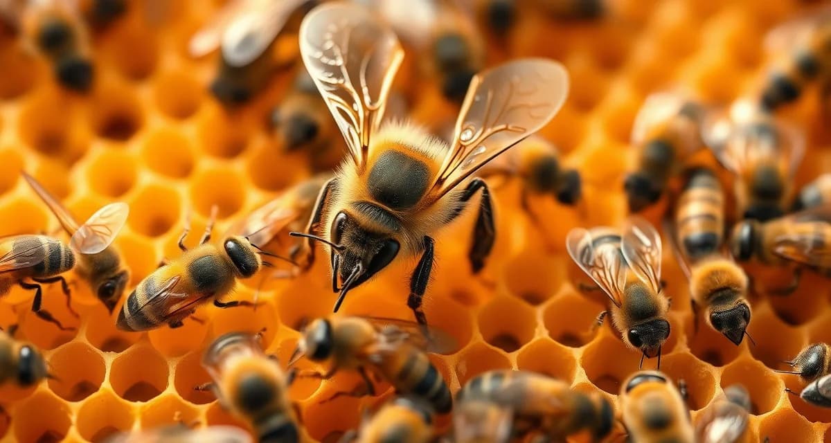 Queen bee with attendant workers on honeycomb in varroa management cell builder colony