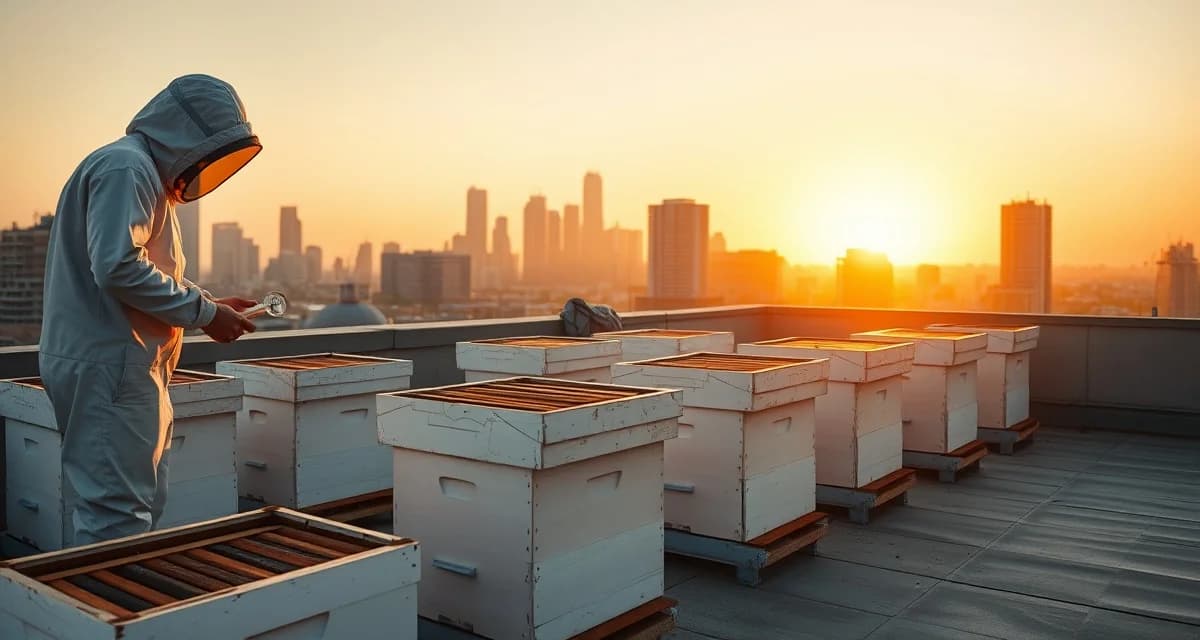 Urban rooftop apiary setup showing beehives with temperature considerations for varroa mite management and treatment protocols