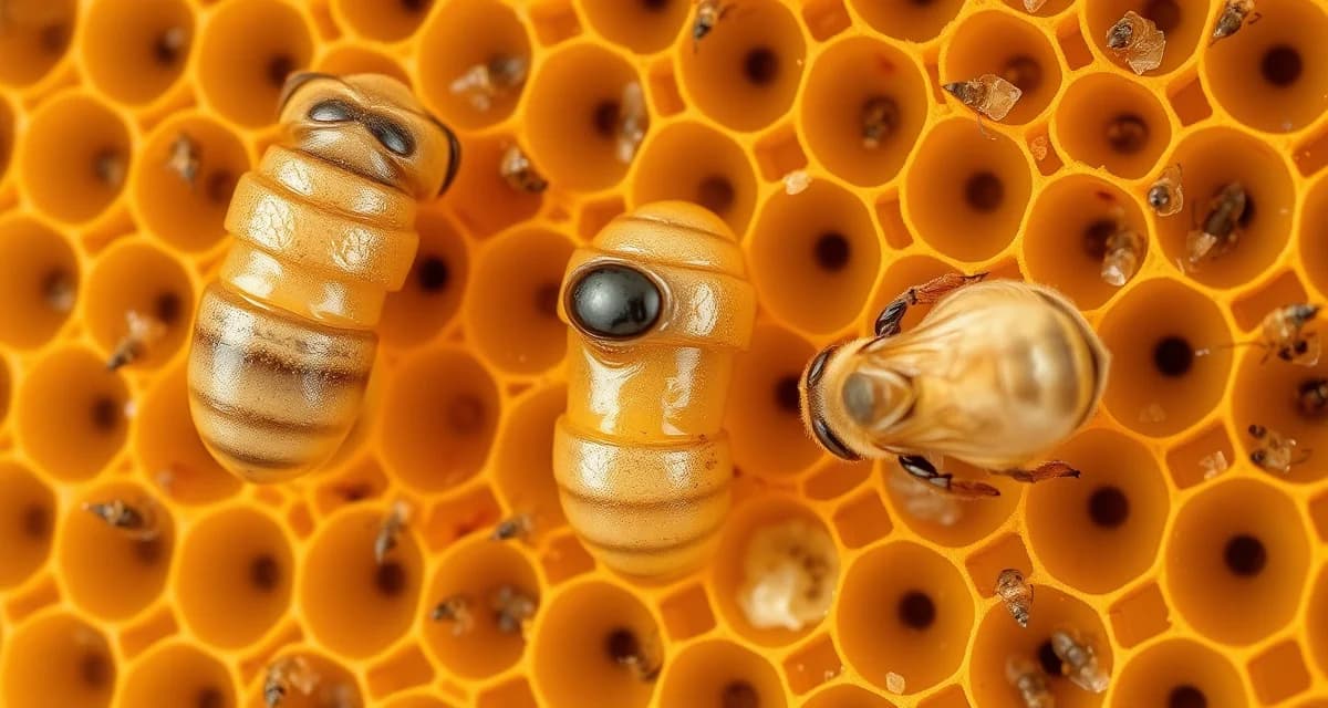 Comparison of sacbrood infected brood cells versus varroa mite damage on honeybee pupae in hive comb, showing visual diagnostic differences