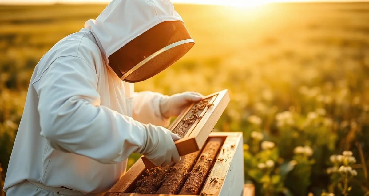 South Dakota beekeeper inspecting hive frame for varroa mites using professional beekeeping management software
