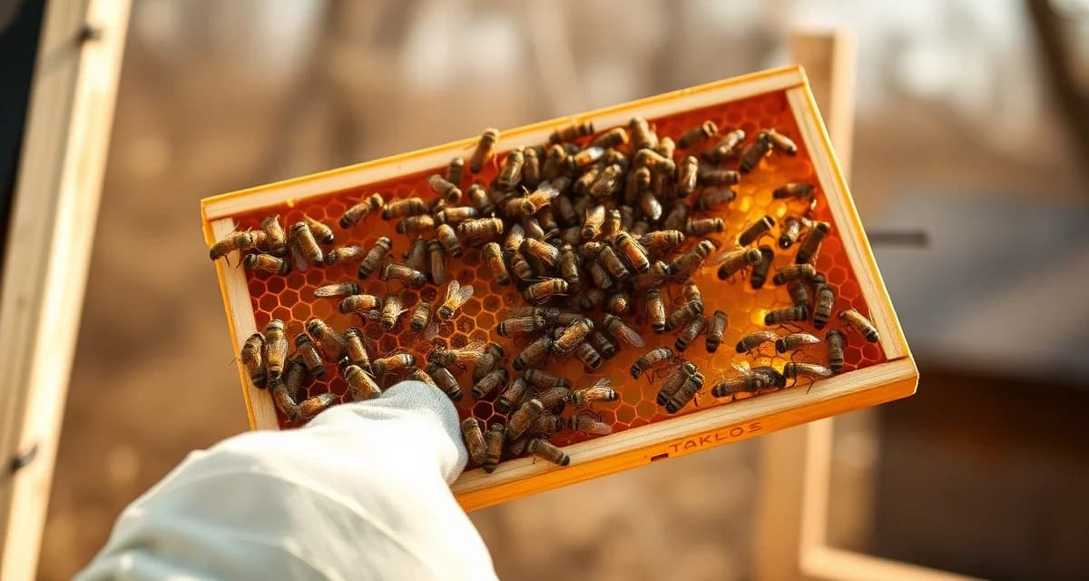 Beekeeper inspecting spring hive frame during winter to spring transition with visible bee population and mite monitoring considerations.