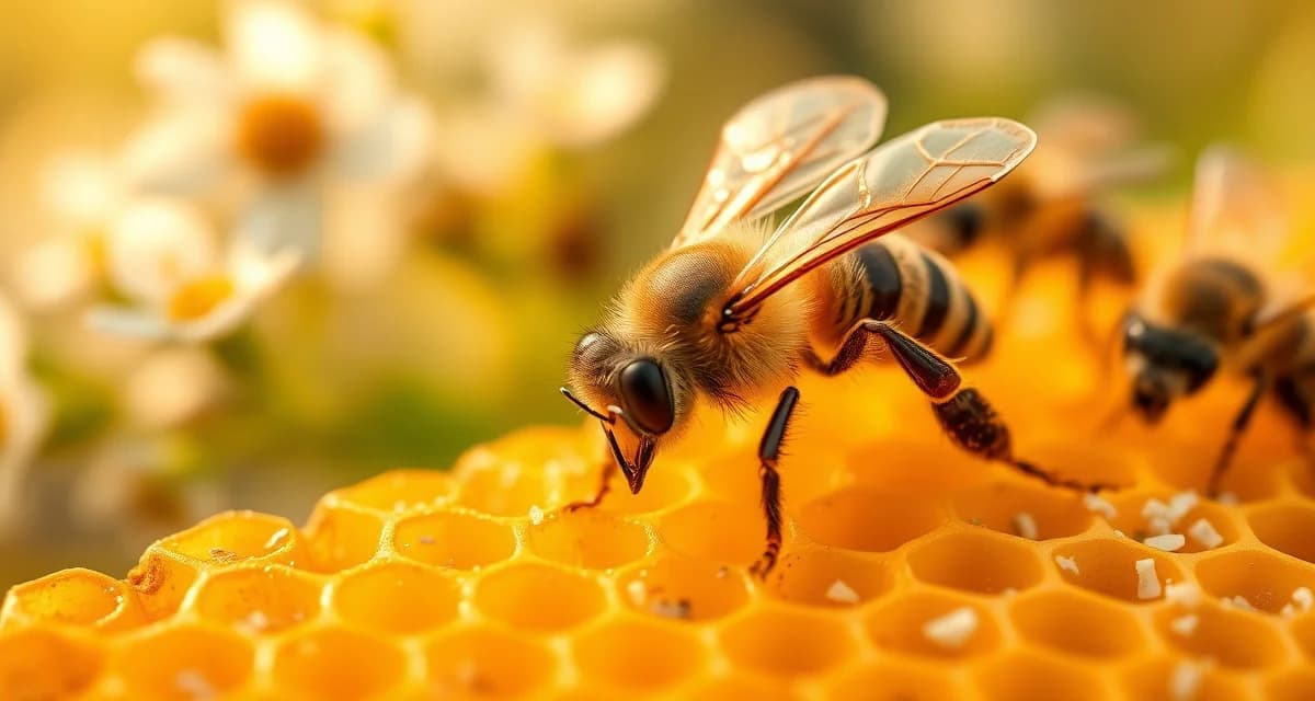 Close-up view of varroa mite on honeycomb during spring beekeeping season with active bees and fresh pollen.