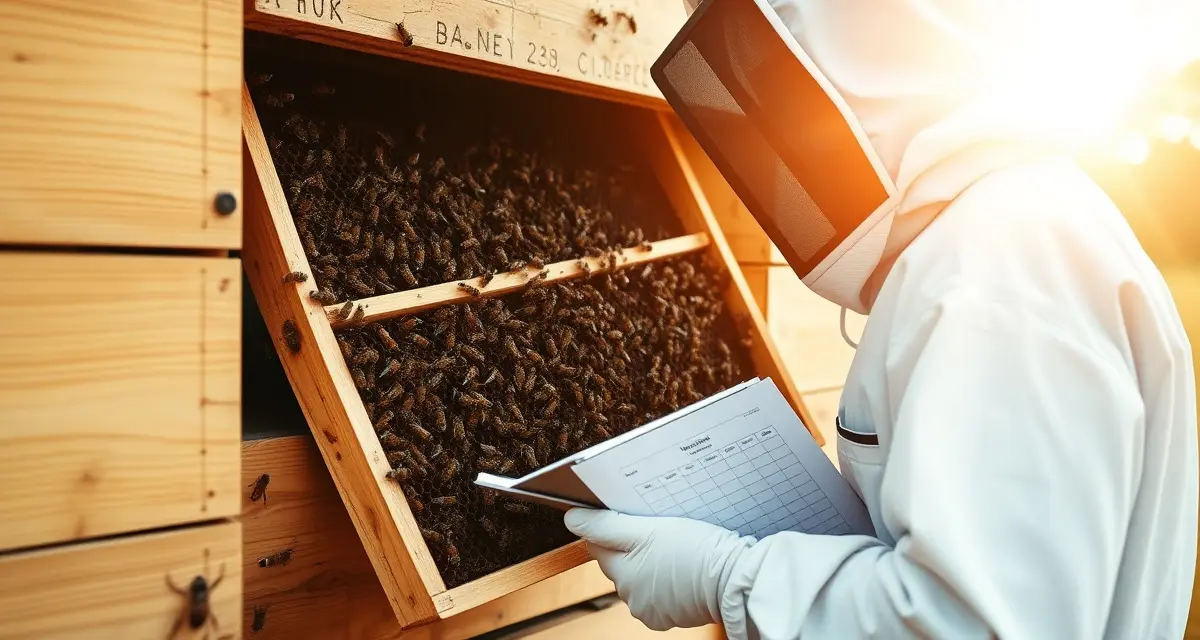 Beekeeper conducting state inspection of treated hive with clipboard and records for varroa mite compliance documentation