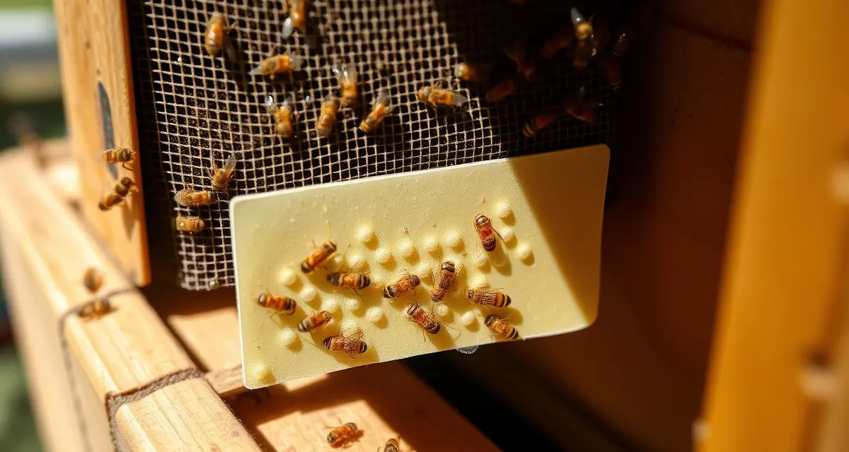 Sticky board varroa mite monitoring tool showing fallen mites collected on adhesive surface under screened beehive bottom board