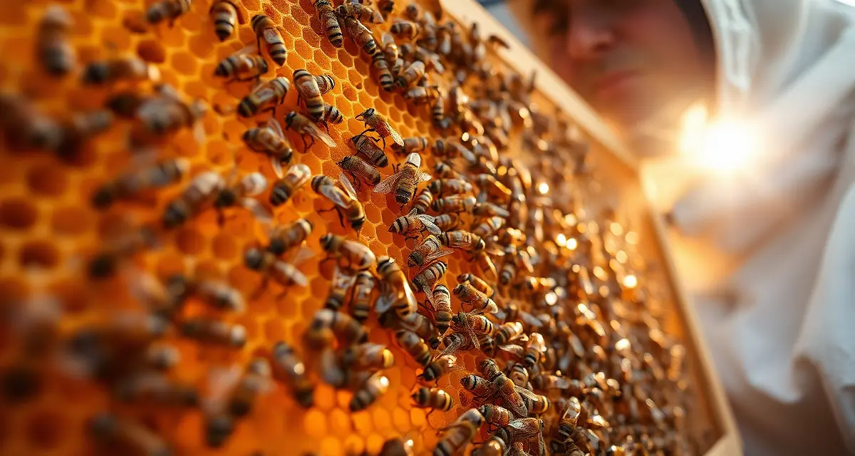 Beekeeper inspecting honeycomb frame for varroa mites during summer hive management and nectar flow season