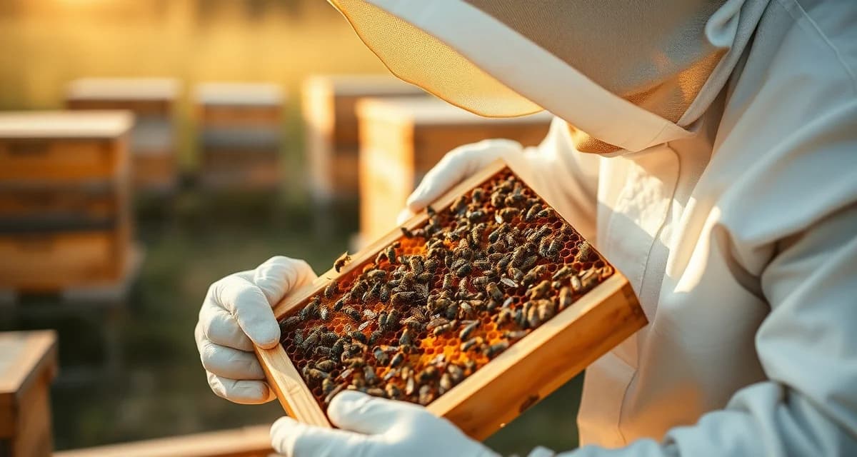 Beekeeper inspecting honeycomb frame to monitor varroa mites and colony health using treatment-free beekeeping methods