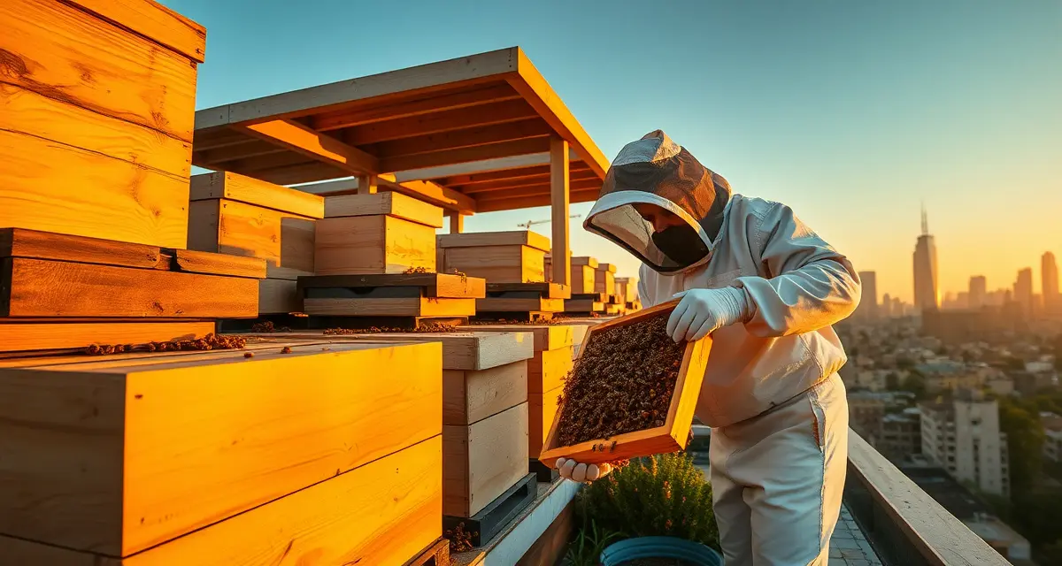 Urban beekeeper inspecting hive frame on city rooftop with varroa mite management best practices for dense neighborhoods