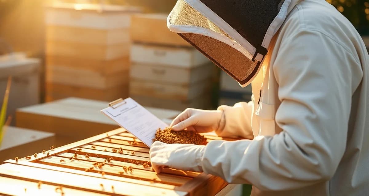 Beekeeper documenting USDA compliance records and varroa mite monitoring logs during routine hive inspection with treatment history clipboard.