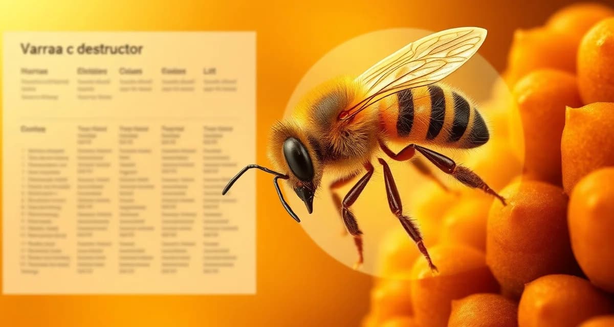 Varroa destructor mite magnified on honeybee showing parasitic anatomy and scientific classification details.