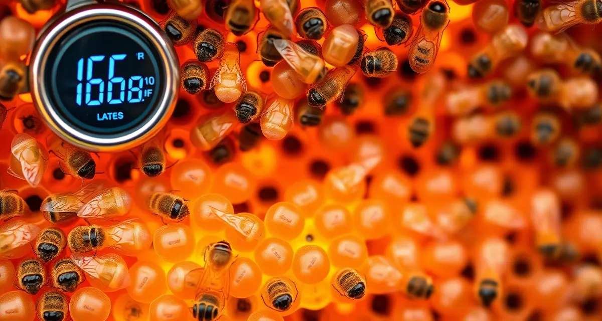 Honeybee hive brood cells with temperature monitoring during varroa mite heat treatment at optimal thermal levels