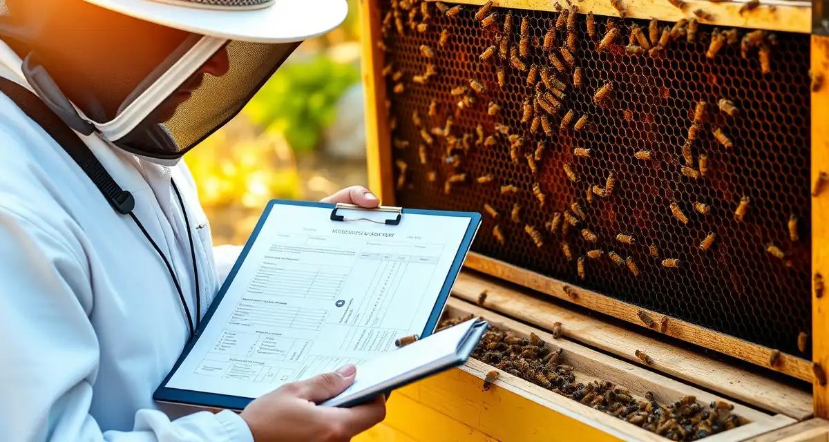 Beekeeper documenting hive loss records and varroa mite damage on colony inspection form with detailed notes and clipboard