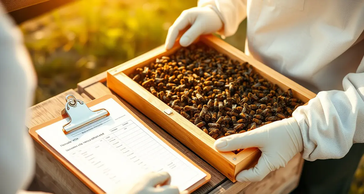 Beekeeper reviewing varroa inspection records and treatment documentation during colony health assessment for sale