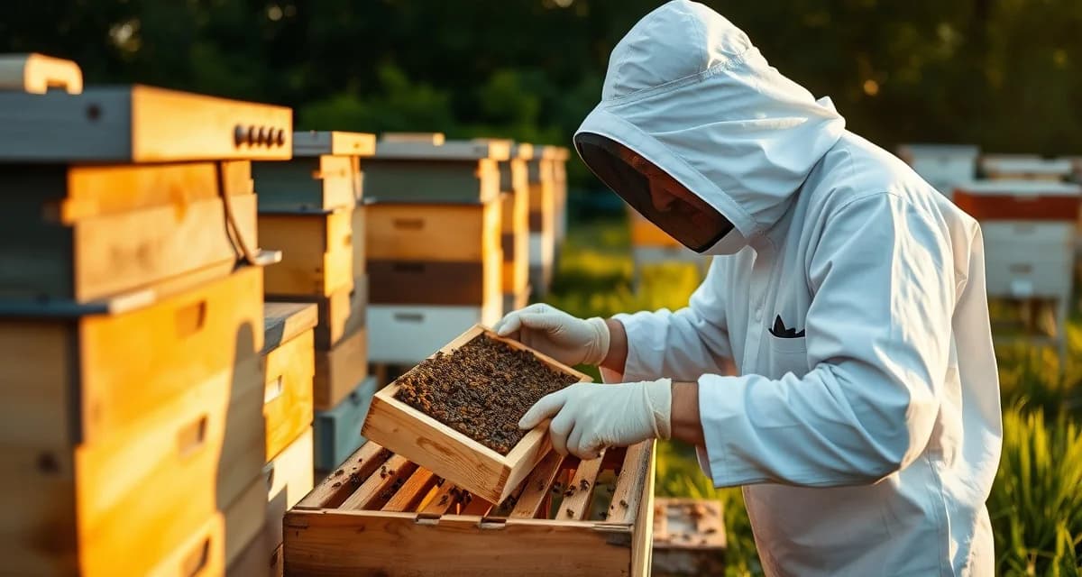 Beekeeper inspecting hive frame for varroa mite management in a scaled 20-hive apiary operation