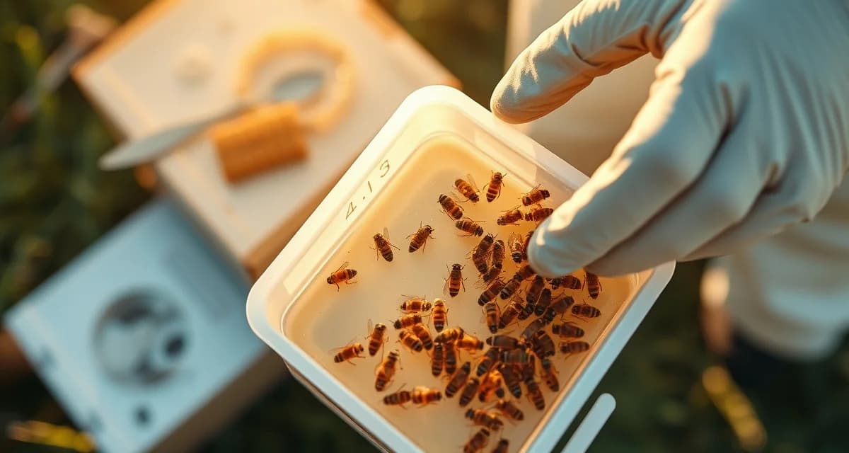 Beekeeper performing alcohol wash varroa mite sampling procedure on honeybees in diagnostic container for accurate mite count monitoring