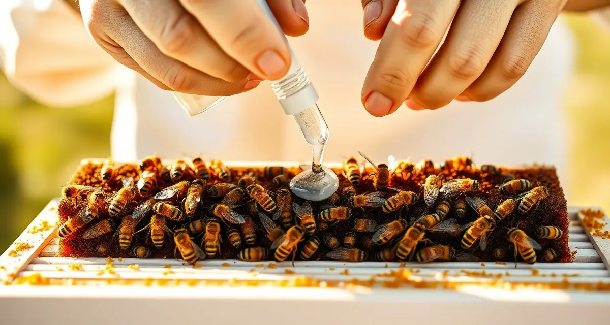 Beekeeper performing alcohol wash varroa mite monitoring test on honeybee frame for first-year hive management