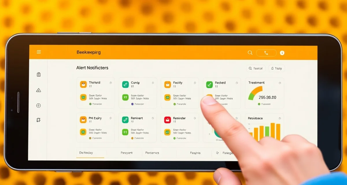 VarroaVault app displaying five varroa mite alert types including threshold approach, count overdue, PHI expiry, treatment step reminder, and resistance flag notifications for hive management.