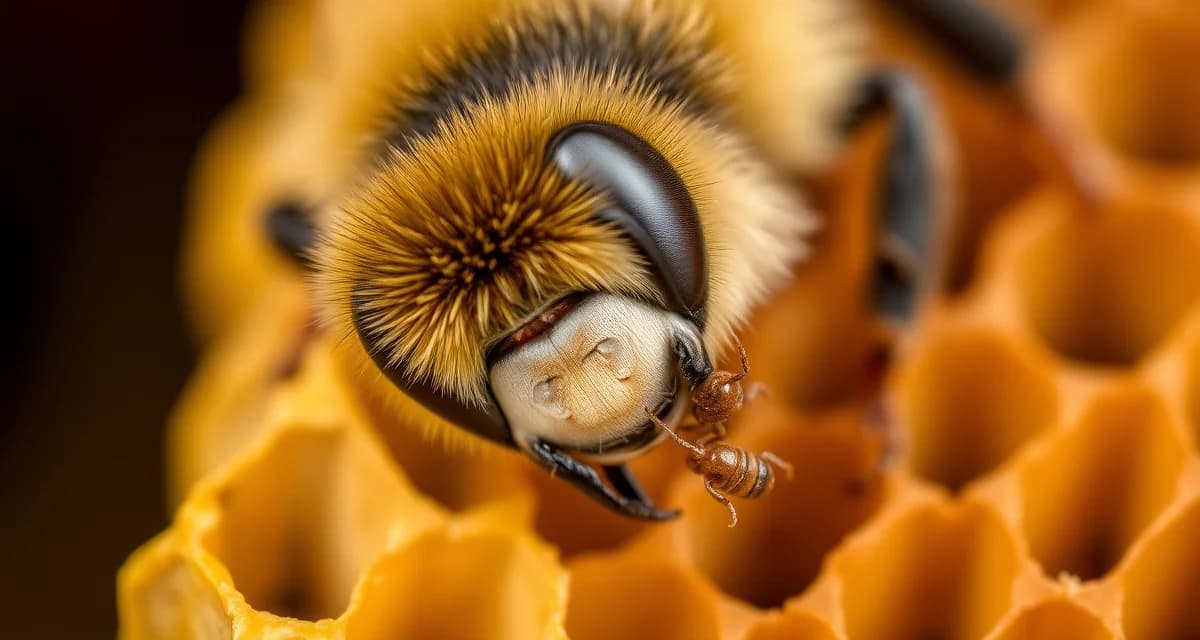 Honeybee displaying increased grooming behavior to combat varroa mite infestation on honeycomb frame
