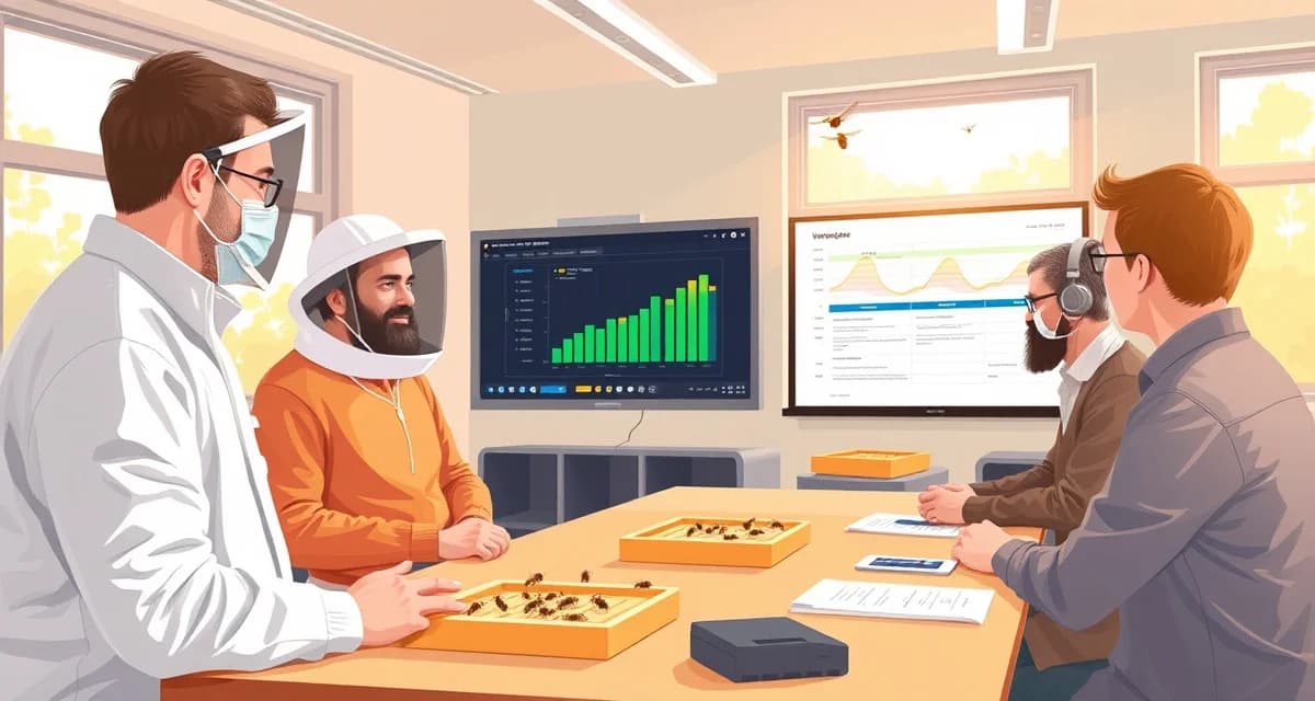 Beekeeper instructor demonstrating varroa mite management techniques to bee school students using digital tracking tools in classroom