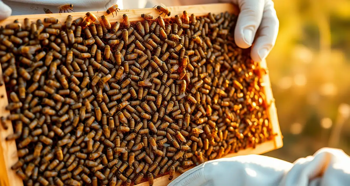 Beekeeper examining honeycomb frame to count colony population for accurate varroa mite treatment dosing