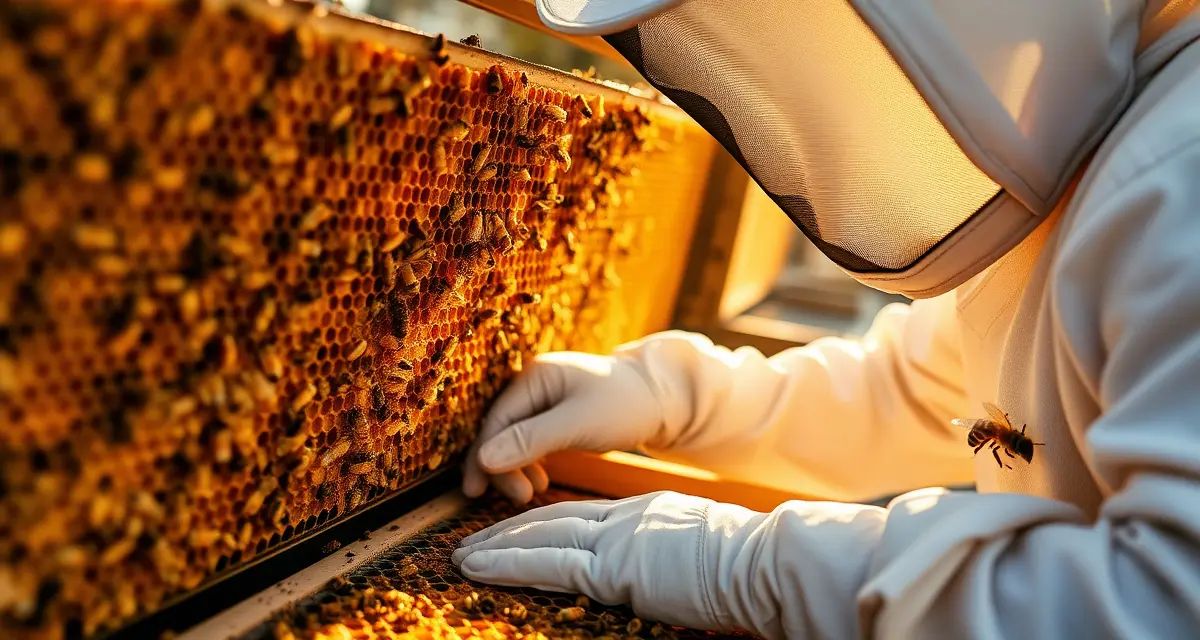Beekeeper applying varroa mite treatment to honeycomb frames in commercial honey production facility