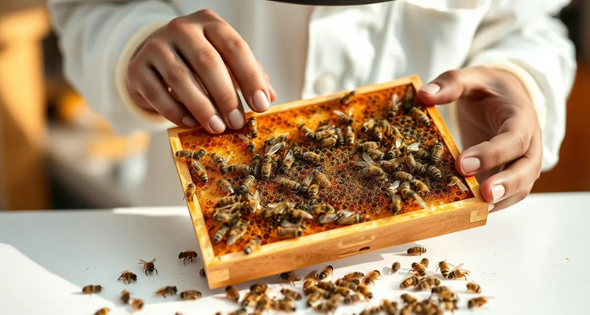 Beekeeper demonstrating varroa mite counting technique using alcohol wash method on honeybee frame