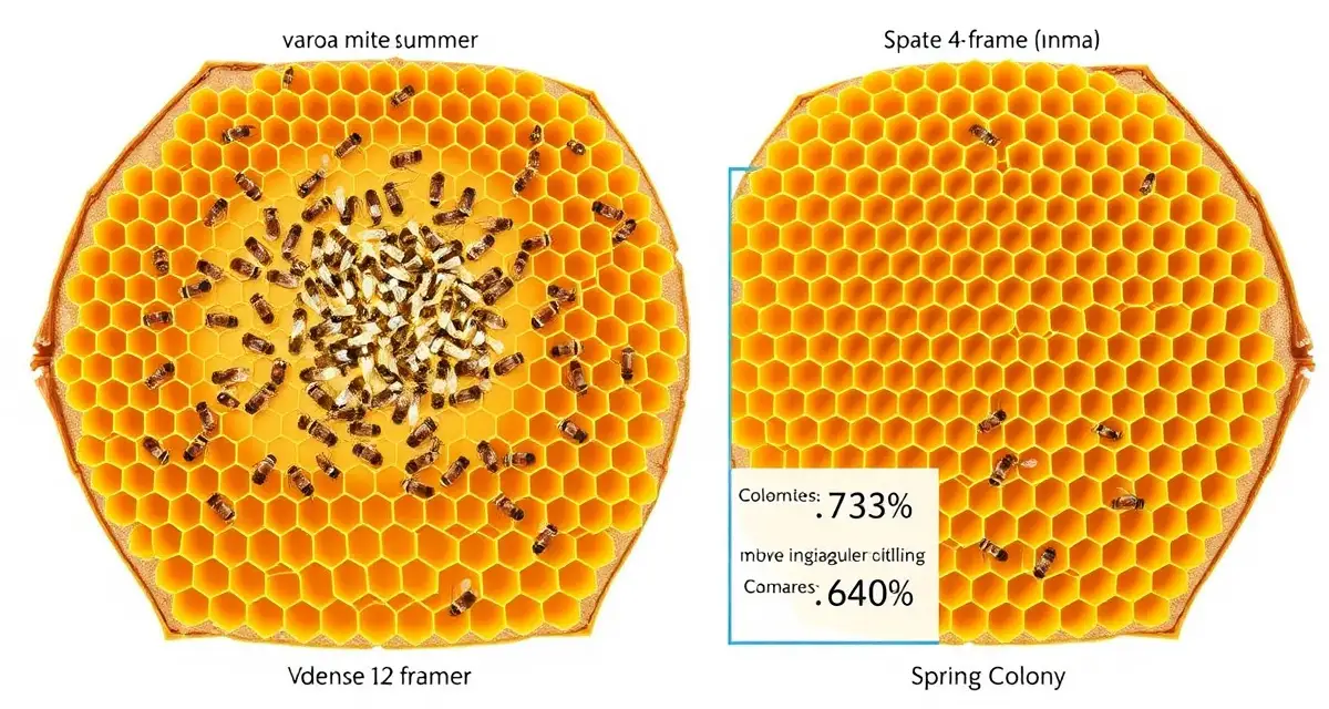 Beehive colony strength comparison showing how varroa mite counts differ between 12-frame summer and 4-frame spring colonies at the same percentage threshold.