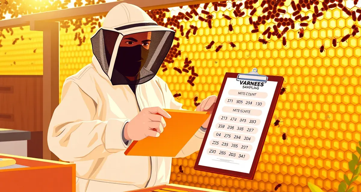 Beekeeper performing varroa mite count on sampling board to calculate treatment efficacy in honeycomb frame