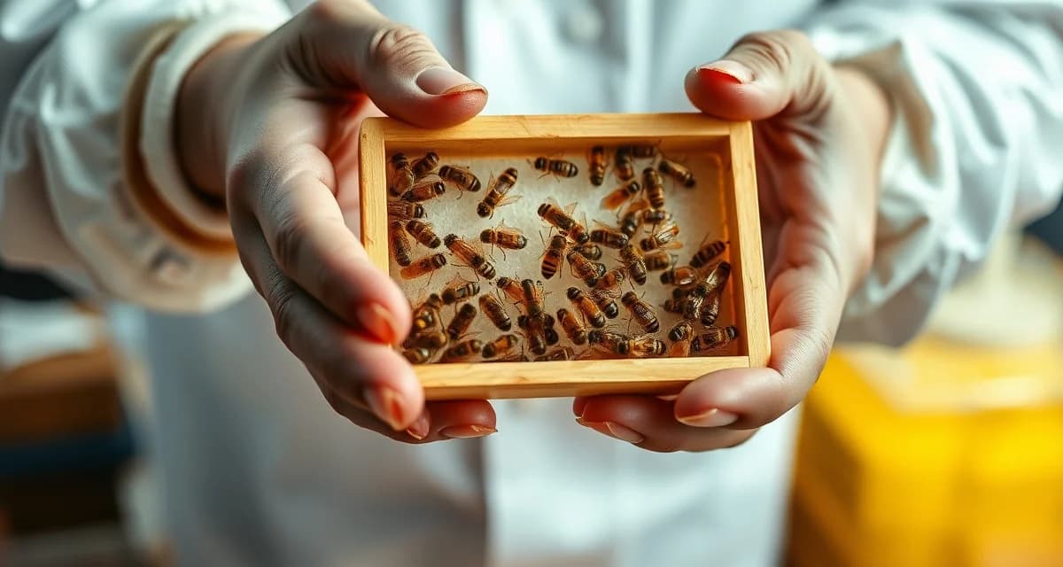 Beekeeper demonstrating varroa mite counting technique on a nucleus colony frame with detailed sample methodology