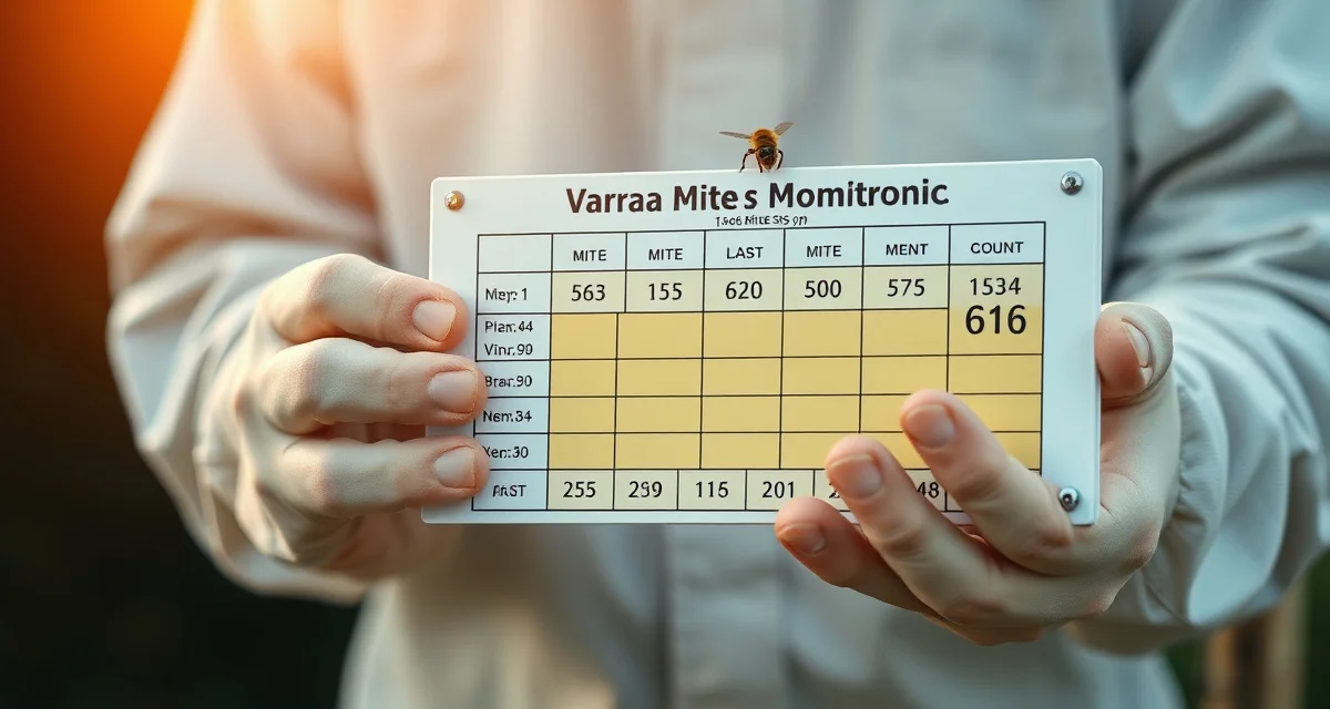 Beekeeper examining varroa mite count results on monitoring board to track hive health and treatment decisions