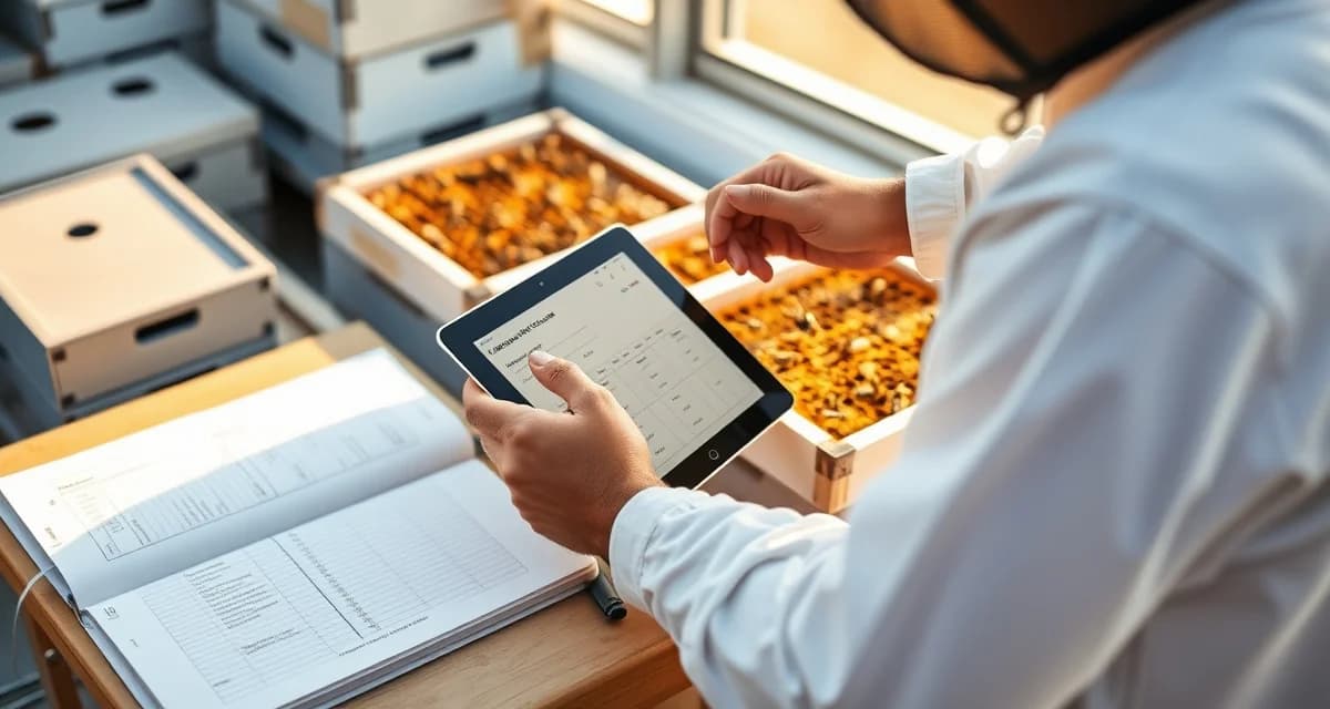 Beekeeper comparing varroa mite count logging apps on tablet for hive management and tracking