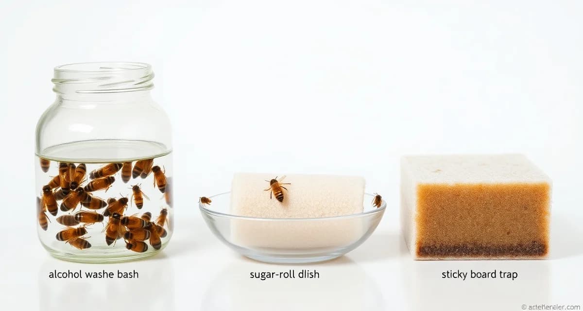 Comparison of three varroa mite counting methods including alcohol wash, sugar roll, and sticky board techniques for beekeeping hive management.