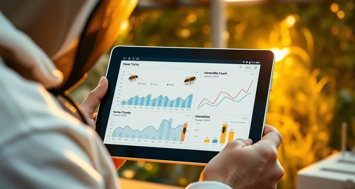 Varroa mite data analysis dashboard showing seasonal mite load patterns and treatment efficacy tracking for beekeeping operations.