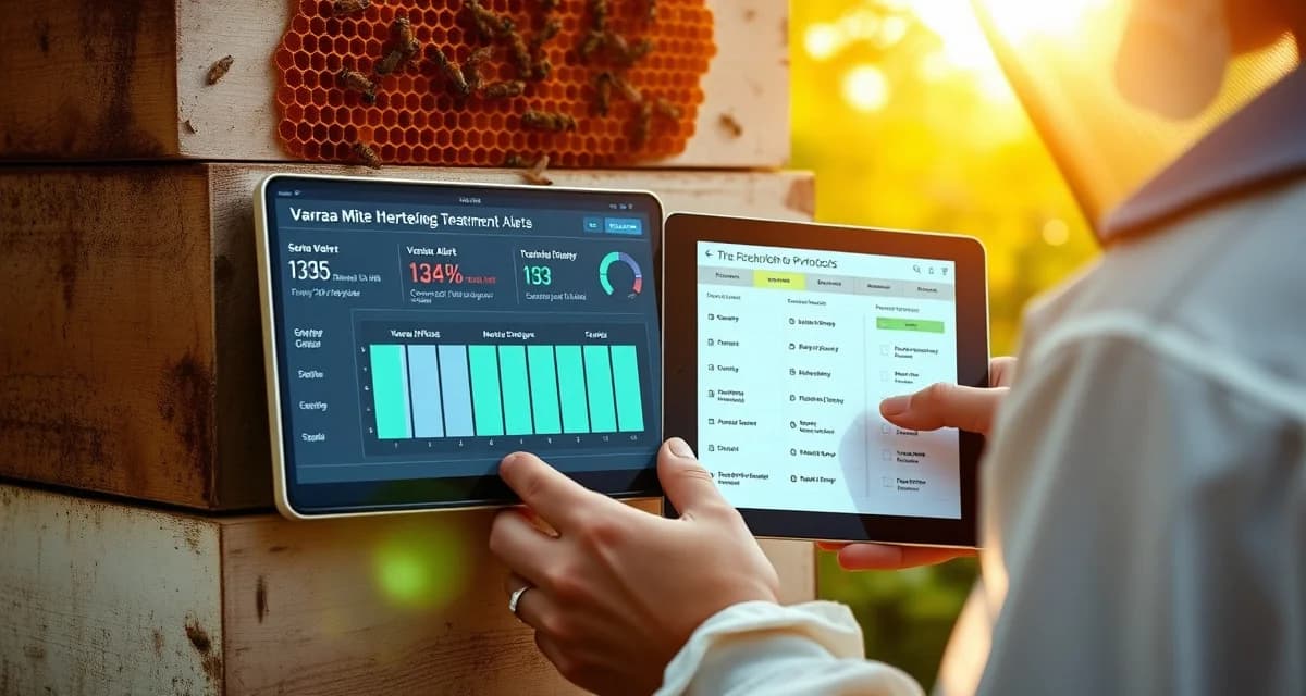 Beekeeper reviewing varroa mite early warning system threshold alerts on digital device with treatment protocol checklist visible