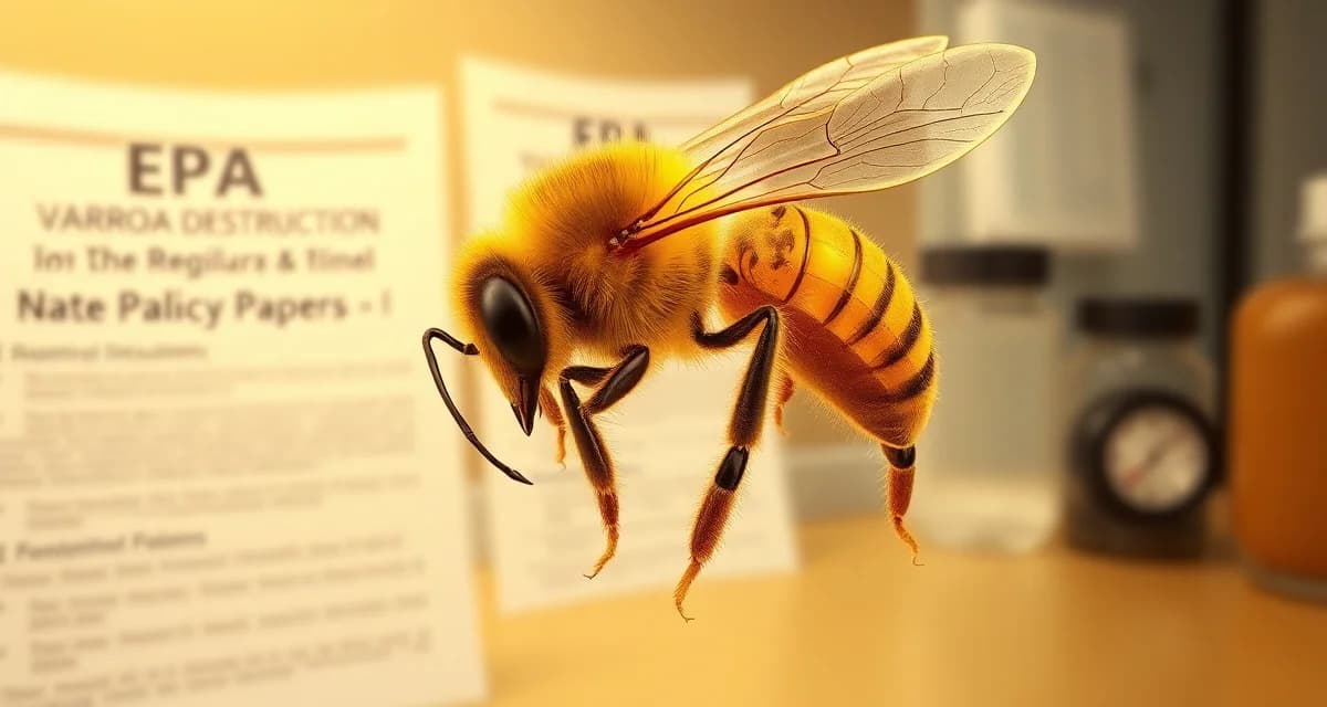 Close-up scientific illustration of varroa destructor mite on honeybee with EPA pollinator health policy documents in background