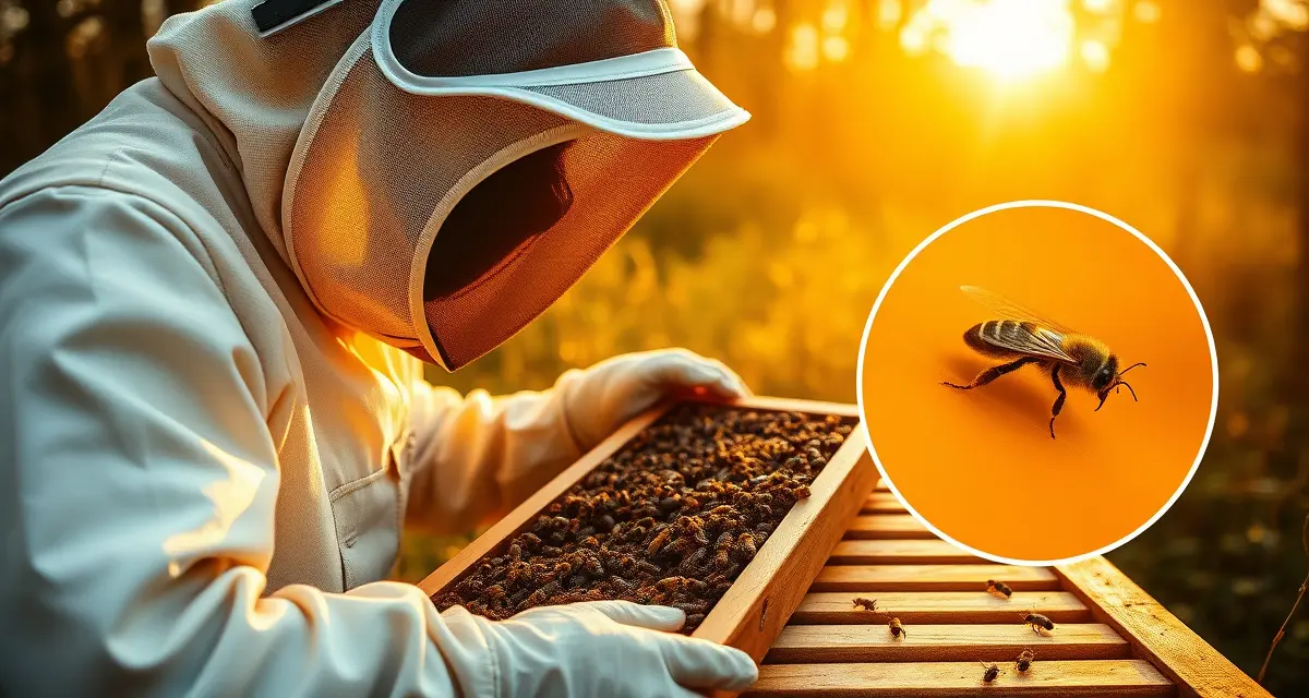 Beekeeper inspecting hive frame for varroa mites during critical fall treatment season in August and September