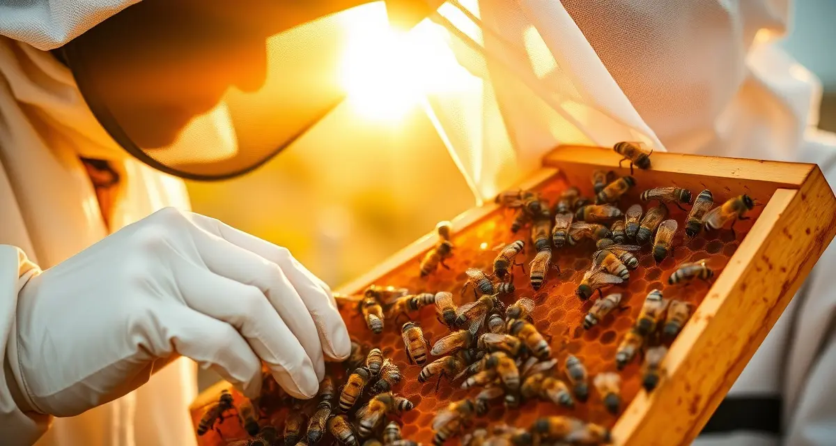 Beekeeper inspecting honeycomb frame for varroa mites during hive management protocol to prevent colony loss