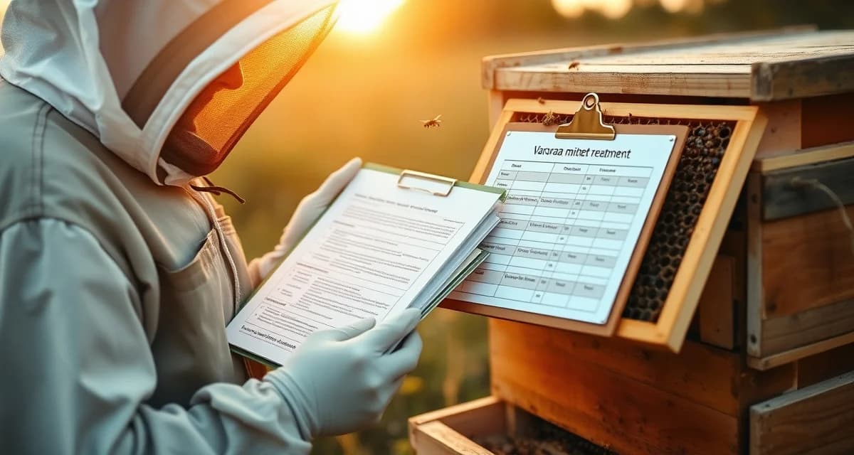 Beekeeper reviewing varroa mite hive records and treatment documentation during hive inspection for sale preparation