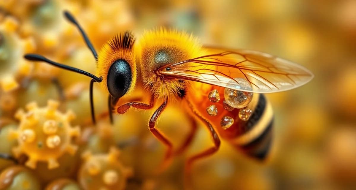 Microscopic illustration showing how varroa mites suppress honeybee immune function and enable disease spread in bee colonies