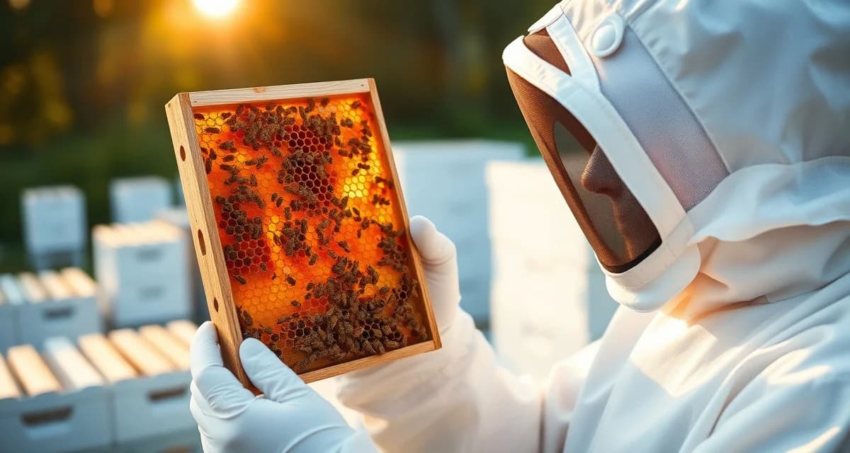 Beekeeper performing varroa mite inspection on honeycomb frame before purchasing established apiary colony