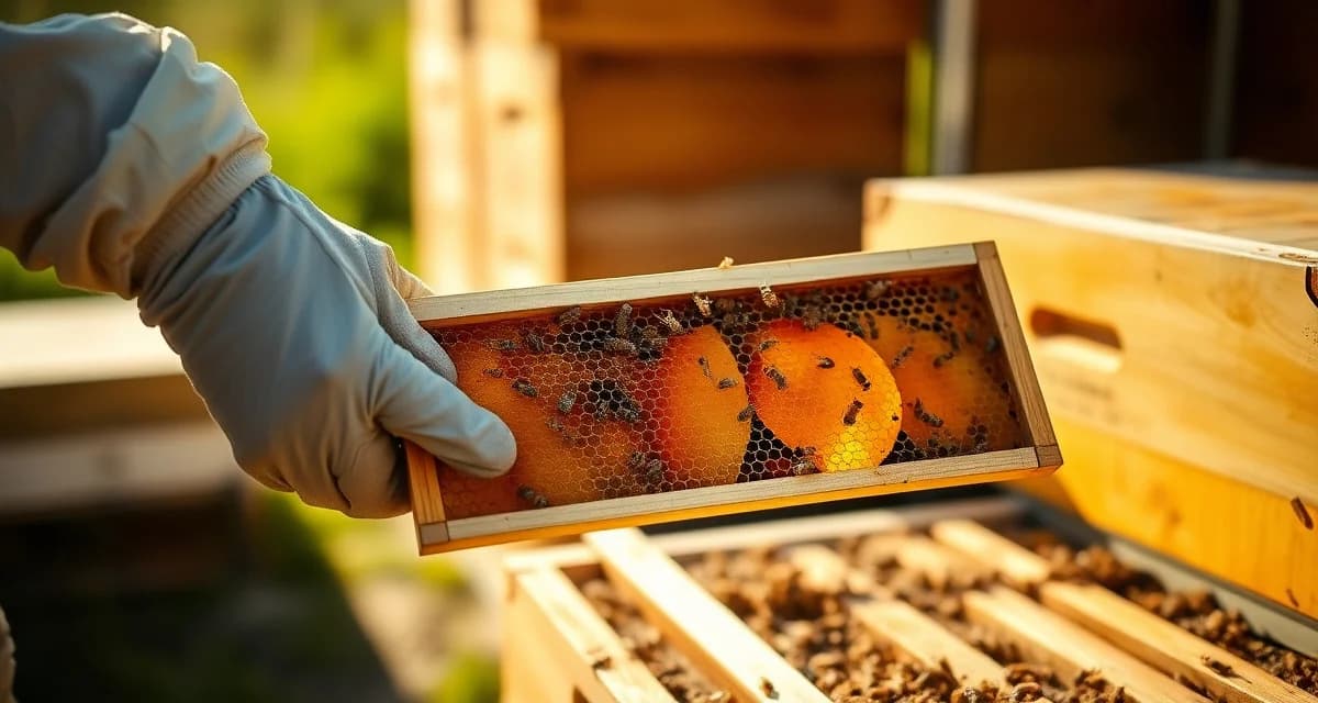 Beekeeper inspecting honeycomb frame for varroa mites during routine hive monitoring and pest management.