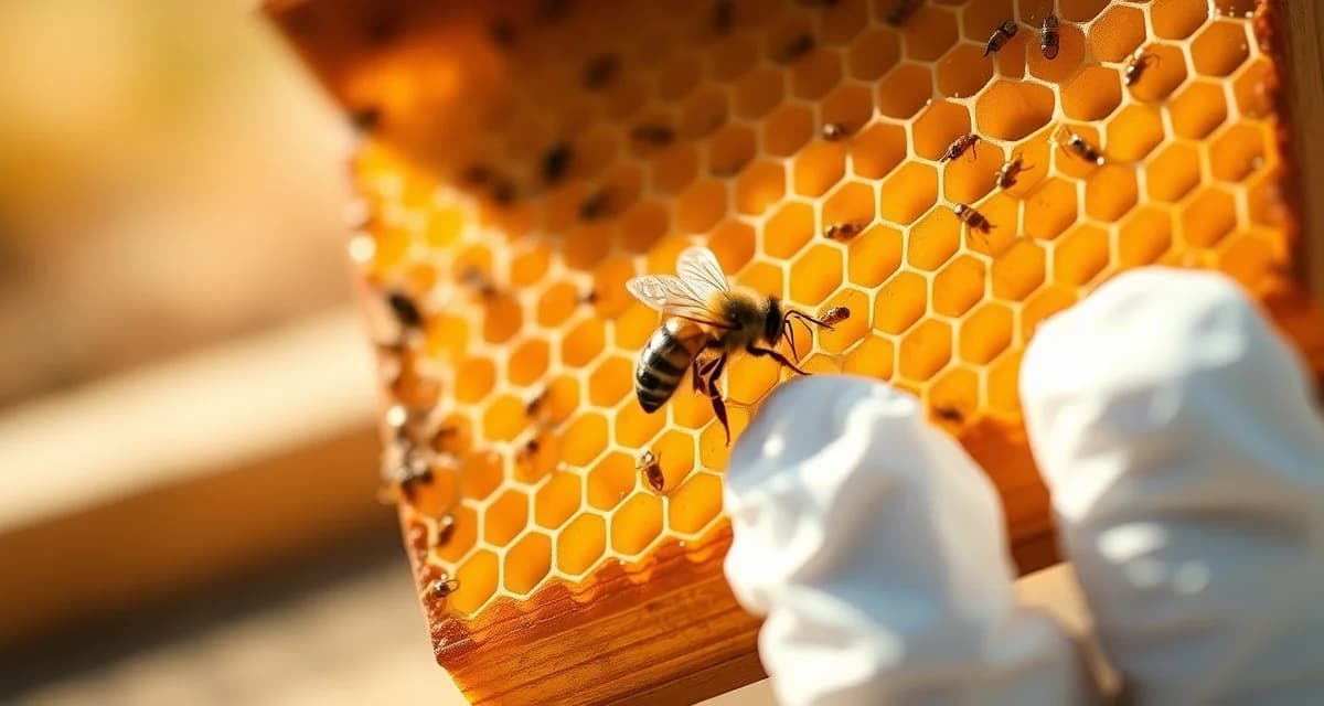 Beekeeper inspecting honeycomb frame for varroa mites during monthly hive testing and management