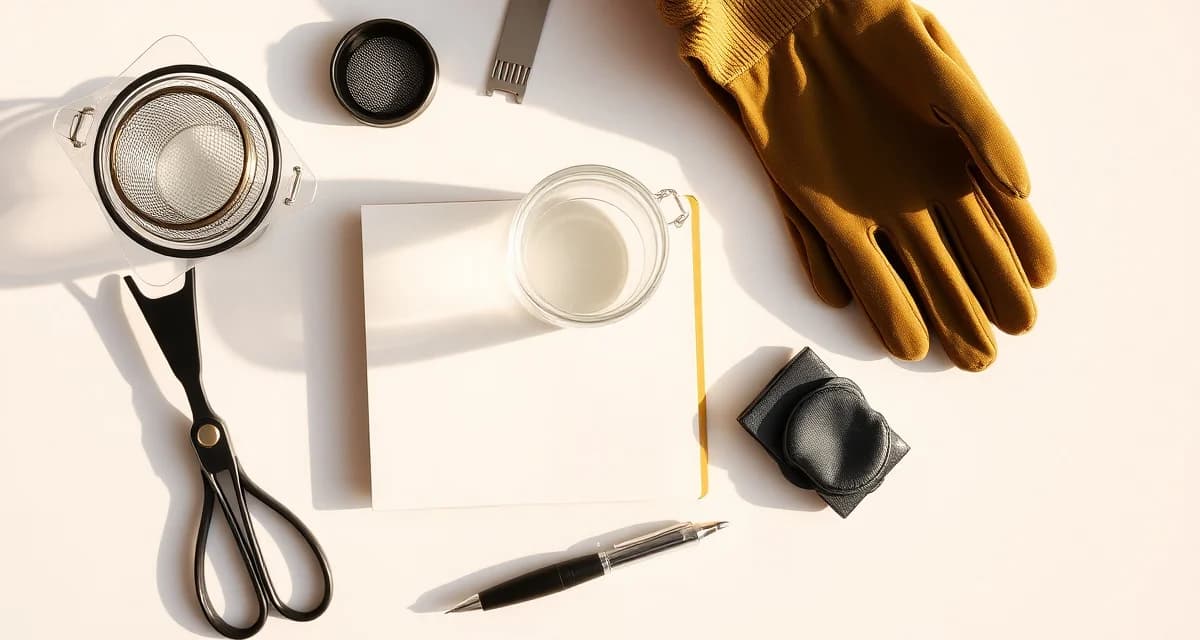 Essential varroa mite inspection tools including alcohol wash jar, mesh strainer, and recording notebook arranged on white surface.