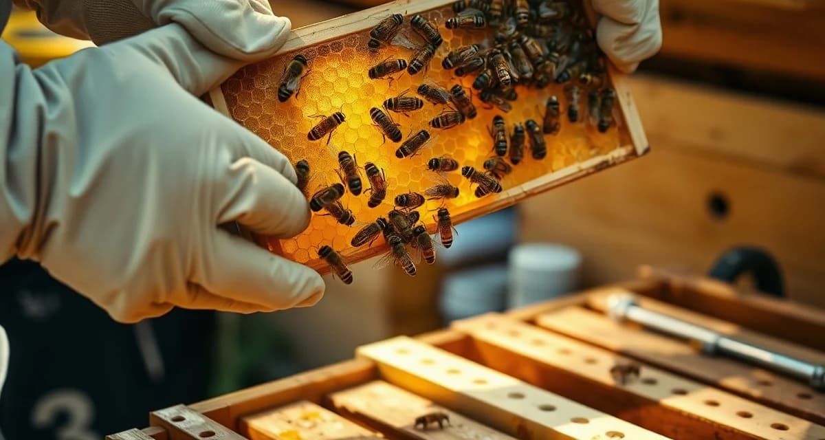 Beekeeper inspecting honeycomb frame for varroa mites during hive management inspection