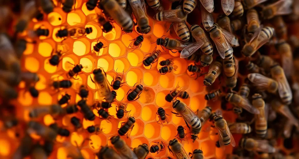 Close-up of honeybee frame showing varroa mite infestation on pupae in a Georgia hive requiring year-round management strategies.