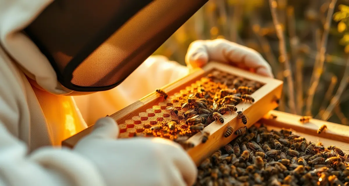 Beekeeper inspecting varroa mites on honeycomb frame during Maryland varroa management treatment protocol