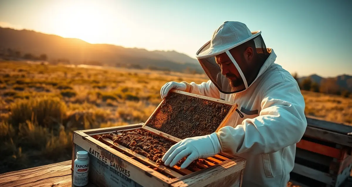 Beekeeper inspecting varroa mites on honeycomb frame in Mid-Atlantic hive management practice