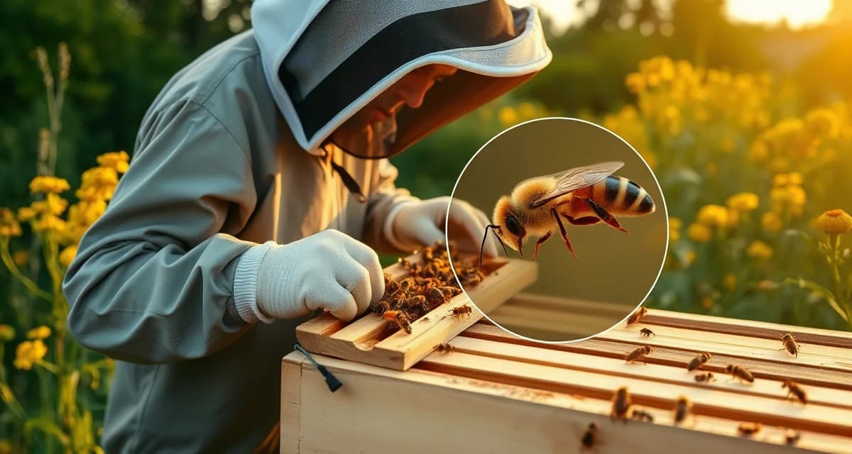 Beekeeper inspecting hive frame for varroa mites during northeastern summer varroa management season