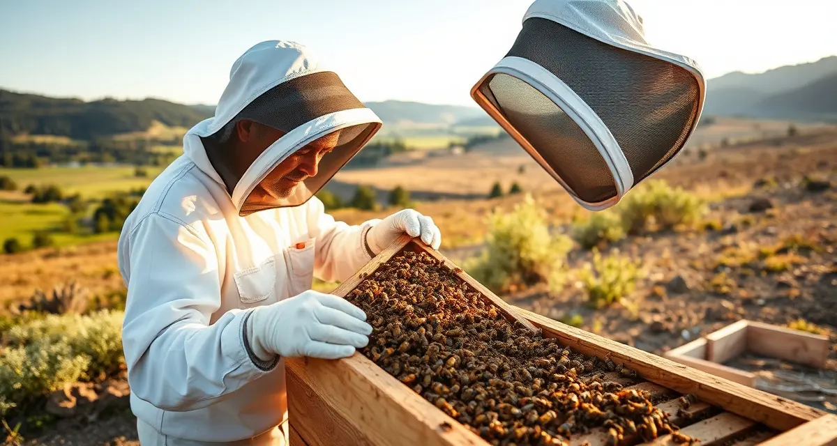 Beekeeper inspecting honeycomb frame for varroa mites during hive management in Oregon apiary with mountainous landscape background.